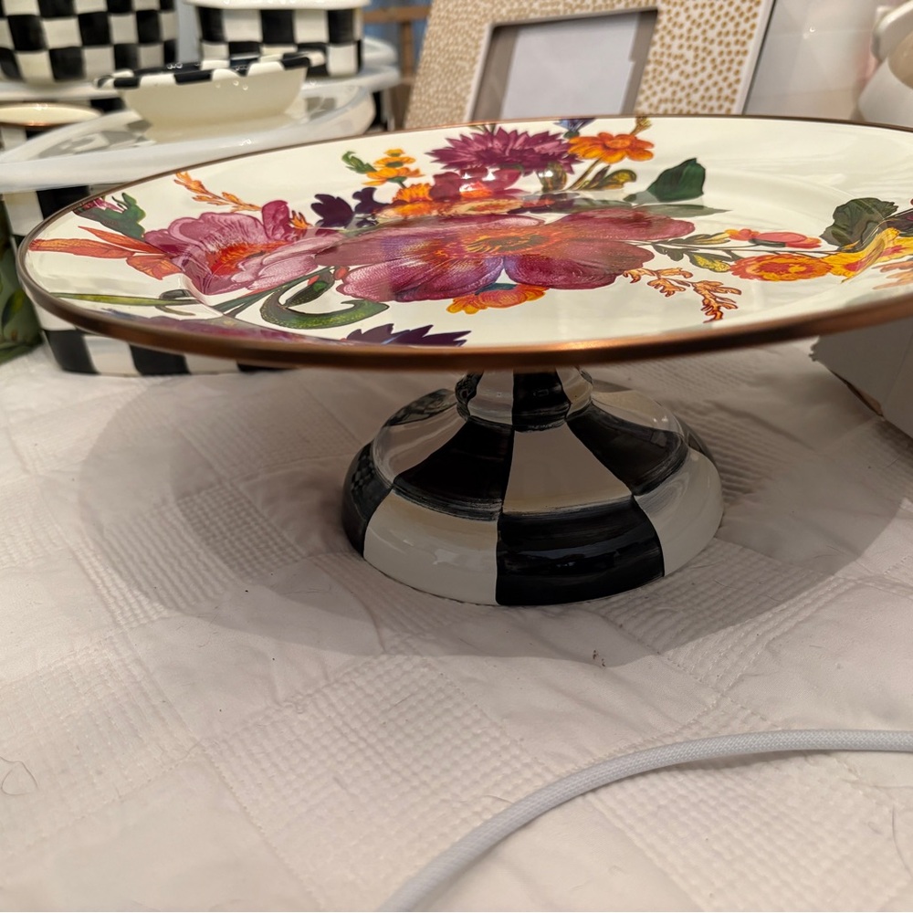 MacKenzie-Childs Floral Cake Stand with Black and White Base